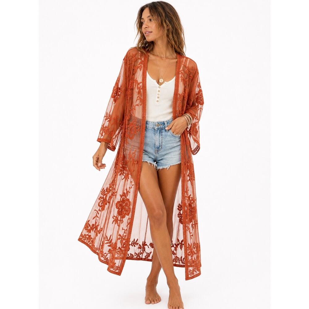 Pie In The Sky Sheer Lace Kimono Rust Orange Floral Embroidered Boho S 2X Whimsy